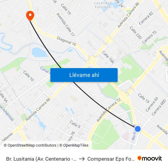 Br. Lusitania (Av. Centenario - Ak 68d) to Compensar Eps Fontibón map