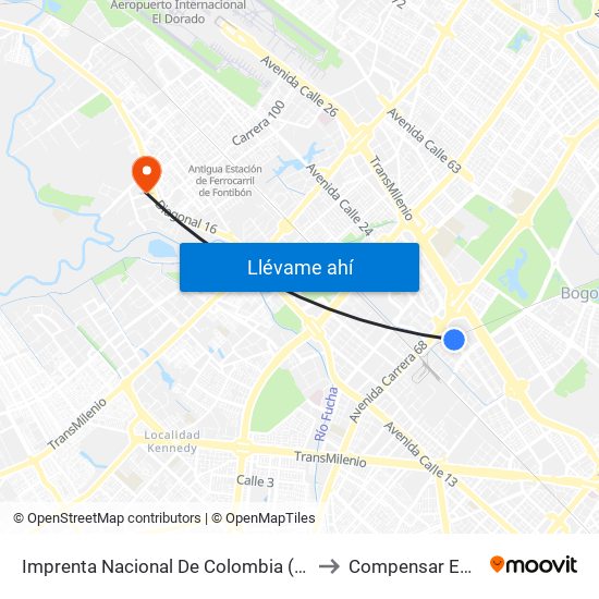 Imprenta Nacional De Colombia (Av. Esperanza - Kr 66) to Compensar Eps Fontibón map