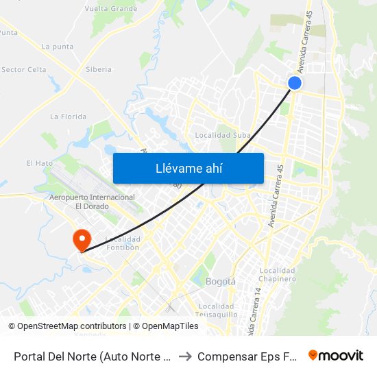 Portal Del Norte (Auto Norte - Cl 174a) to Compensar Eps Fontibón map