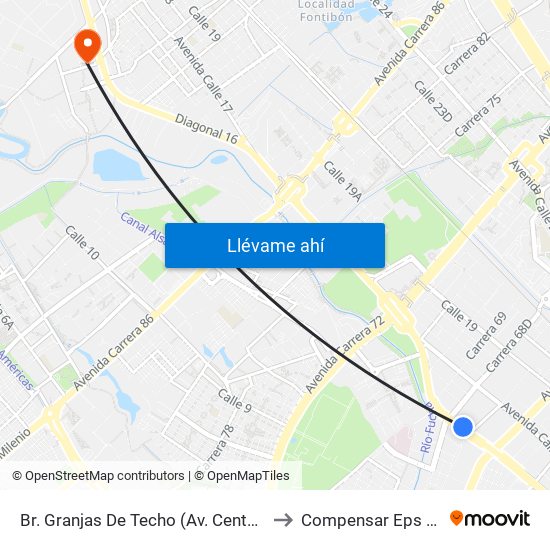 Br. Granjas De Techo (Av. Centenario - Kr 65) to Compensar Eps Fontibón map