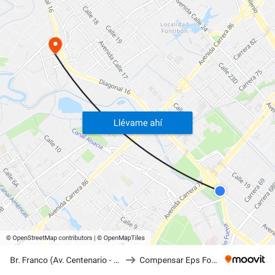 Br. Franco (Av. Centenario - Kr 69b) to Compensar Eps Fontibón map