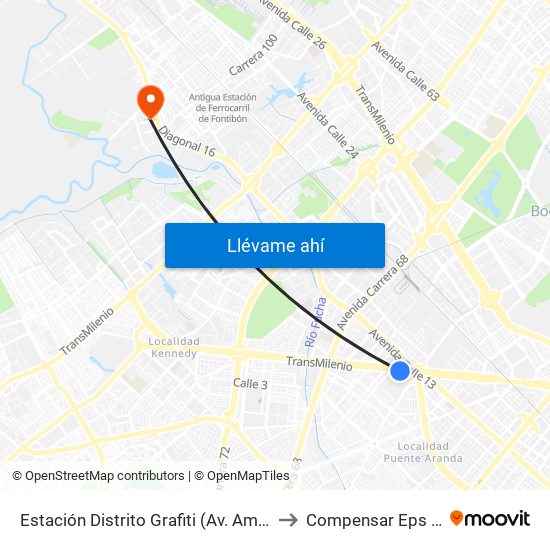 Estación Distrito Grafiti (Av. Américas - Kr 53a) to Compensar Eps Fontibón map