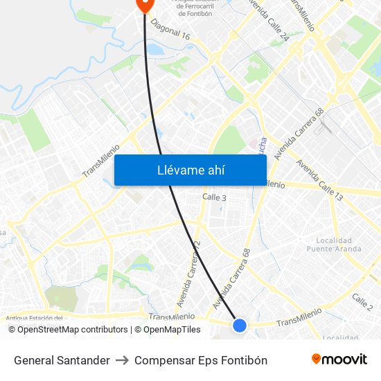General Santander to Compensar Eps Fontibón map