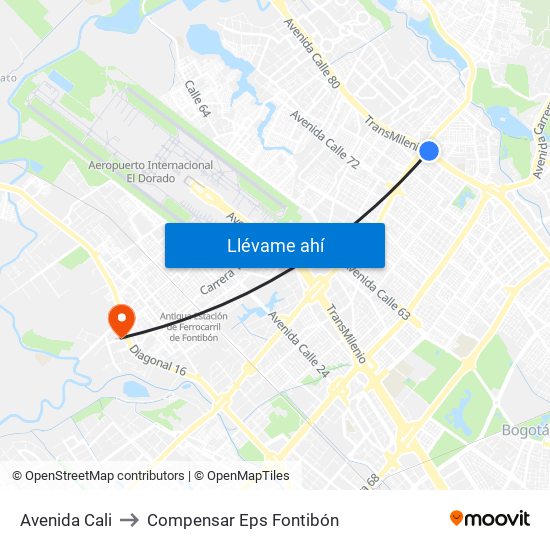 Avenida Cali to Compensar Eps Fontibón map