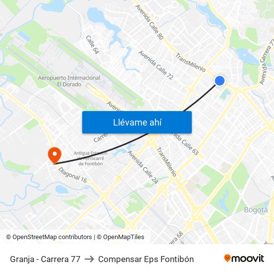 Granja - Carrera 77 to Compensar Eps Fontibón map
