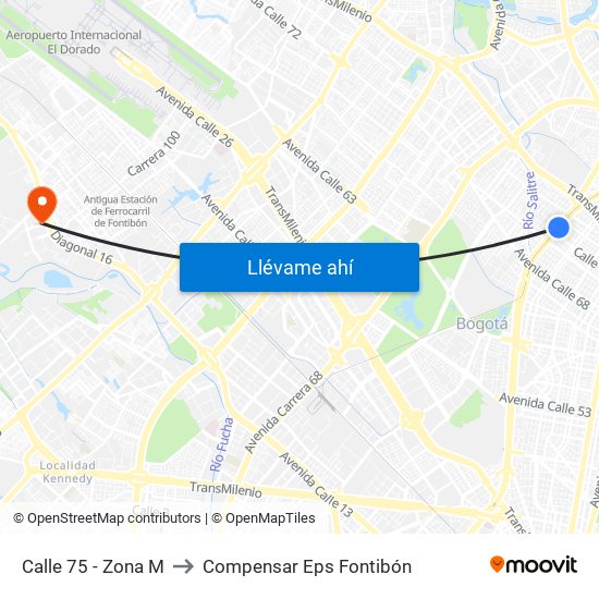 Calle 75 - Zona M to Compensar Eps Fontibón map