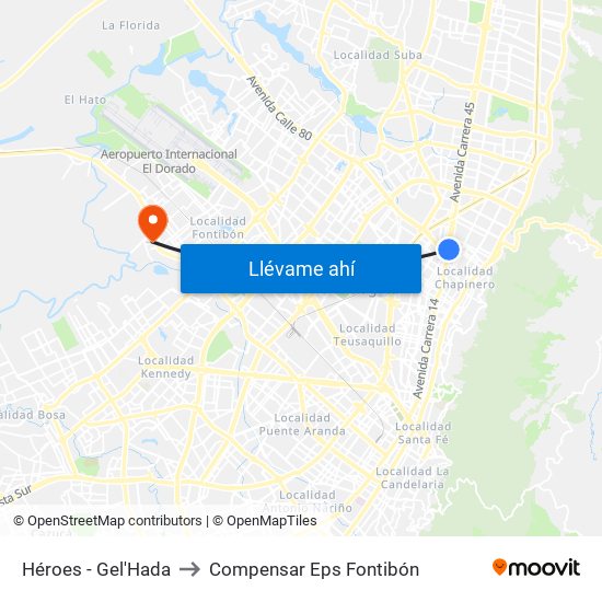 Héroes - Gel'Hada to Compensar Eps Fontibón map