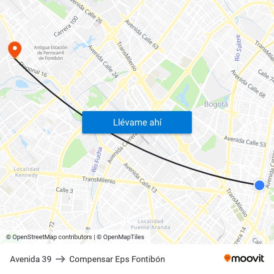 Avenida 39 to Compensar Eps Fontibón map