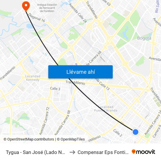 Tygua - San José (Lado Norte) to Compensar Eps Fontibón map