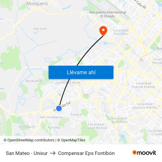 San Mateo - Unisur to Compensar Eps Fontibón map