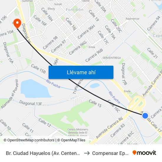 Br. Ciudad Hayuelos (Av. Centenario - Av. C. De Cali) to Compensar Eps Fontibón map