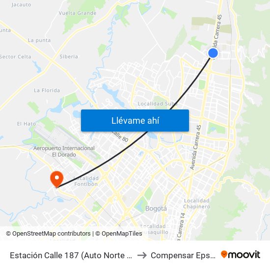 Estación Calle 187 (Auto Norte - Cl 187 Bis) (A) to Compensar Eps Fontibón map