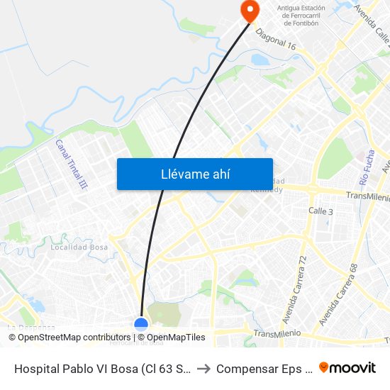 Hospital Pablo VI Bosa (Cl 63 Sur - Kr 77g) (A) to Compensar Eps Fontibón map