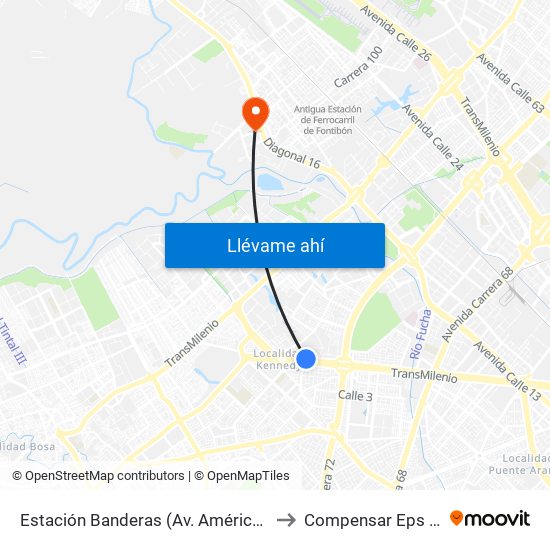 Estación Banderas (Av. Américas - Kr 78a) (A) to Compensar Eps Fontibón map