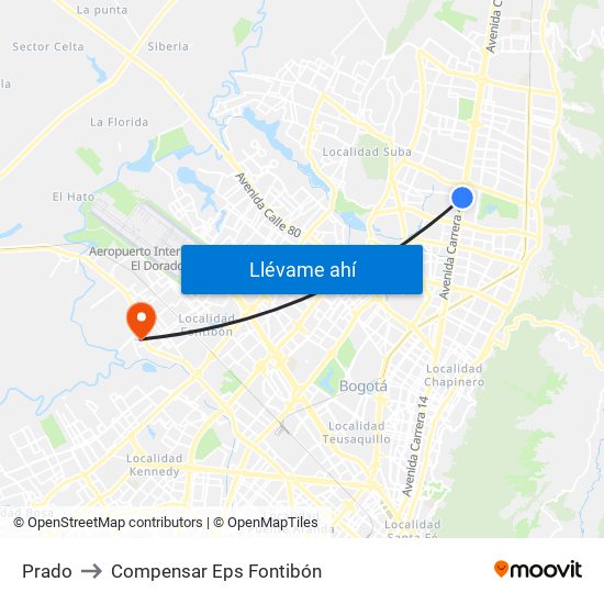 Prado to Compensar Eps Fontibón map