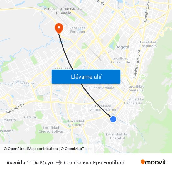 Avenida 1° De Mayo to Compensar Eps Fontibón map