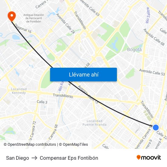 San Diego to Compensar Eps Fontibón map