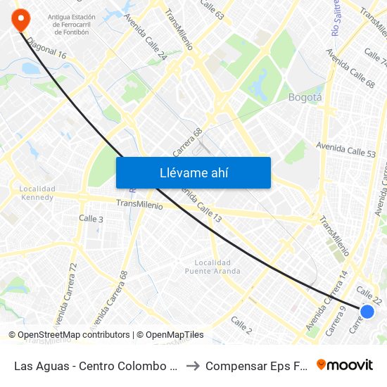 Las Aguas - Centro Colombo Americano to Compensar Eps Fontibón map