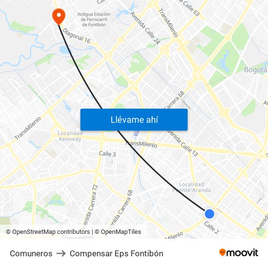 Comuneros to Compensar Eps Fontibón map