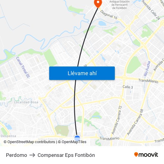 Perdomo to Compensar Eps Fontibón map