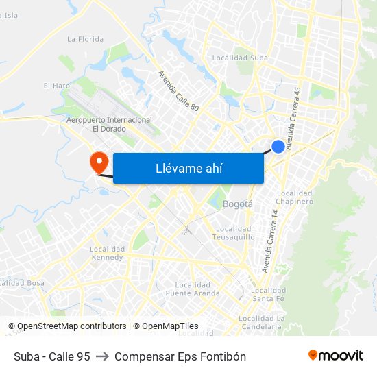 Suba - Calle 95 to Compensar Eps Fontibón map