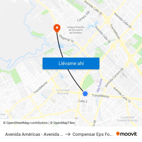 Avenida Américas - Avenida Boyacá to Compensar Eps Fontibón map