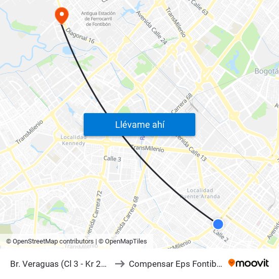 Br. Veraguas (Cl 3 - Kr 29a) to Compensar Eps Fontibón map