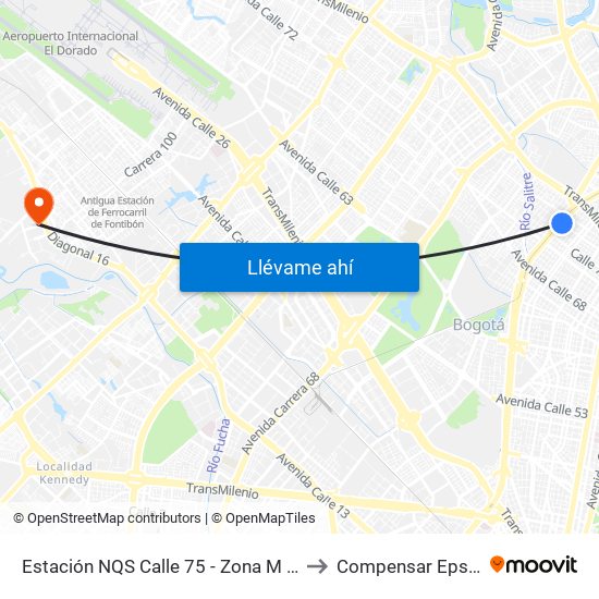 Estación NQS Calle 75 - Zona M (Av. NQS - Cl 75) to Compensar Eps Fontibón map