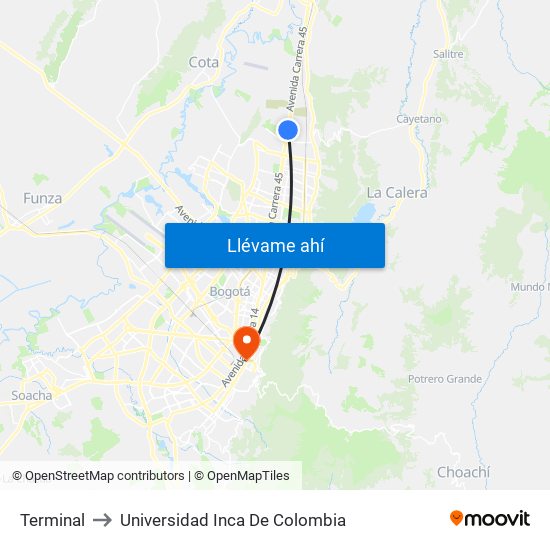 Terminal to Universidad Inca De Colombia map