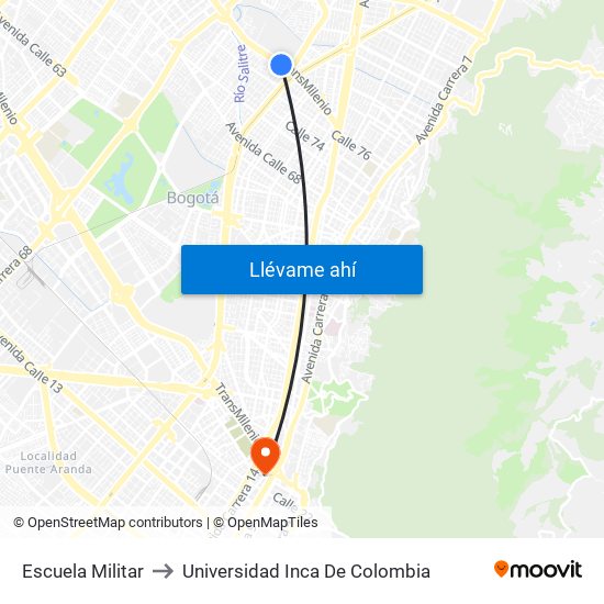 Escuela Militar to Universidad Inca De Colombia map