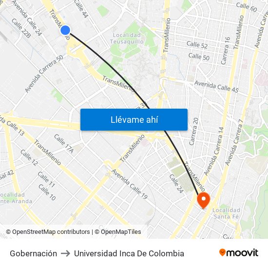 Gobernación to Universidad Inca De Colombia map