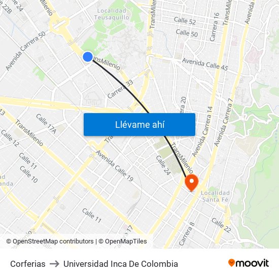 Corferias to Universidad Inca De Colombia map