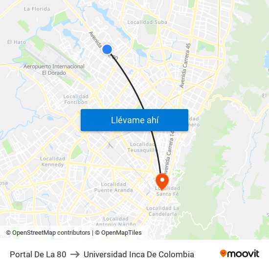 Portal De La 80 to Universidad Inca De Colombia map