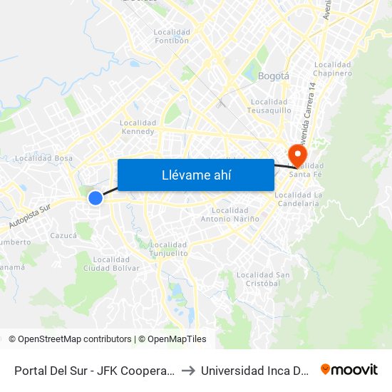 Portal Del Sur - JFK Cooperativa Financiera to Universidad Inca De Colombia map