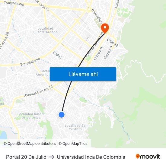Portal 20 De Julio to Universidad Inca De Colombia map