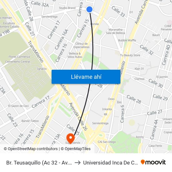 Br. Teusaquillo (Ac 32 - Av. Caracas) to Universidad Inca De Colombia map