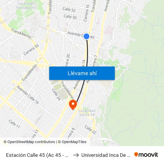 Estación Calle 45 (Ac 45 - Av. Caracas) to Universidad Inca De Colombia map