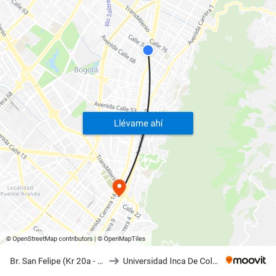 Br. San Felipe (Kr 20a - Cl 74) to Universidad Inca De Colombia map