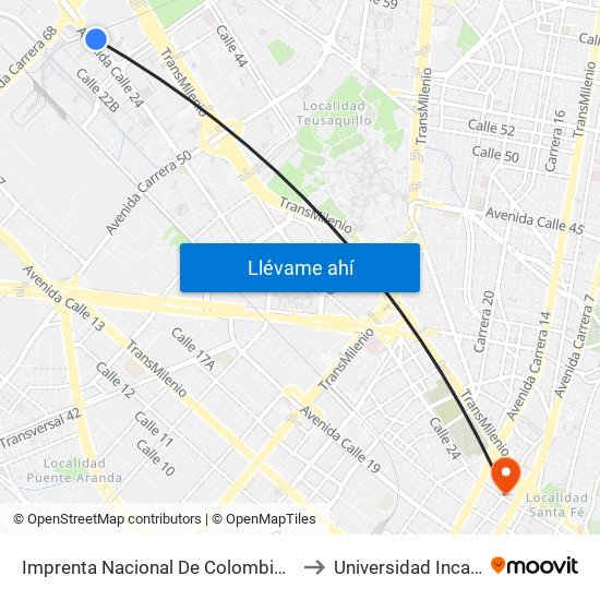 Imprenta Nacional De Colombia (Av. Esperanza - Kr 66) to Universidad Inca De Colombia map