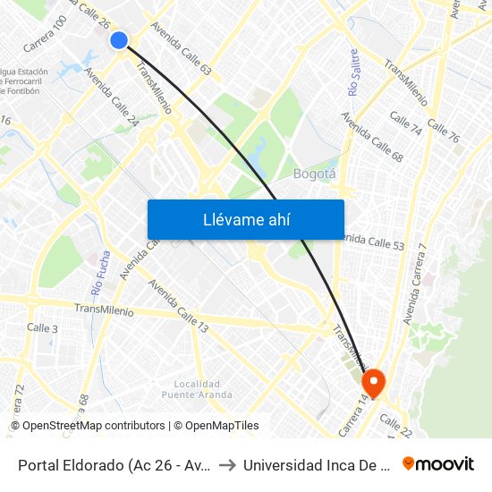 Portal Eldorado (Ac 26 - Av. C. De Cali) to Universidad Inca De Colombia map