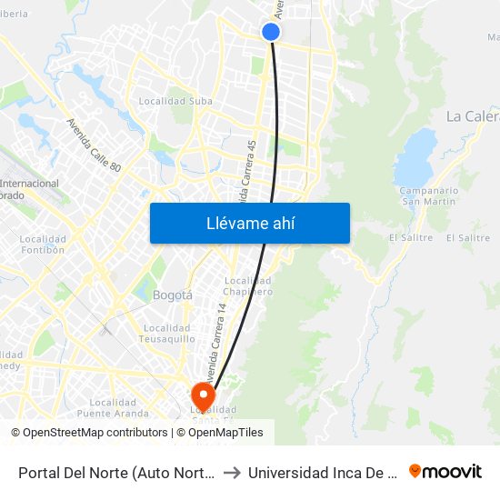 Portal Del Norte (Auto Norte - Cl 174a) to Universidad Inca De Colombia map