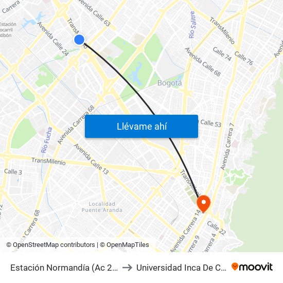 Estación Normandía (Ac 26 - Kr 74) to Universidad Inca De Colombia map