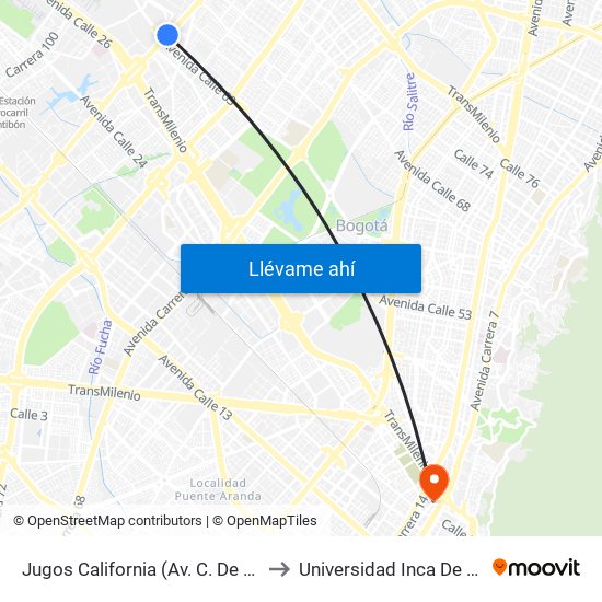 Jugos California (Av. C. De Cali - Ac 63) to Universidad Inca De Colombia map