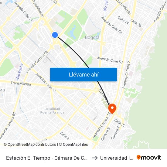 Estación El Tiempo - Cámara De Comercio De Bogotá (Ac 26 - Kr 68b Bis) to Universidad Inca De Colombia map
