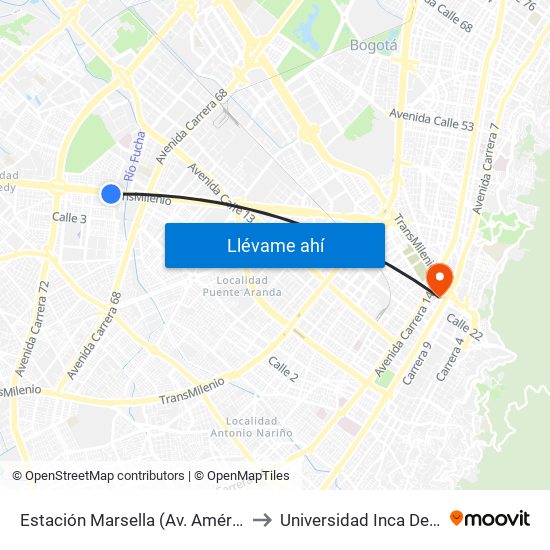 Estación Marsella (Av. Américas - Kr 69b) to Universidad Inca De Colombia map