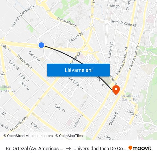 Br. Ortezal (Av. Américas - Tv 39) to Universidad Inca De Colombia map