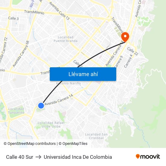 Calle 40 Sur to Universidad Inca De Colombia map