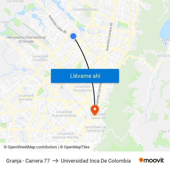 Granja - Carrera 77 to Universidad Inca De Colombia map