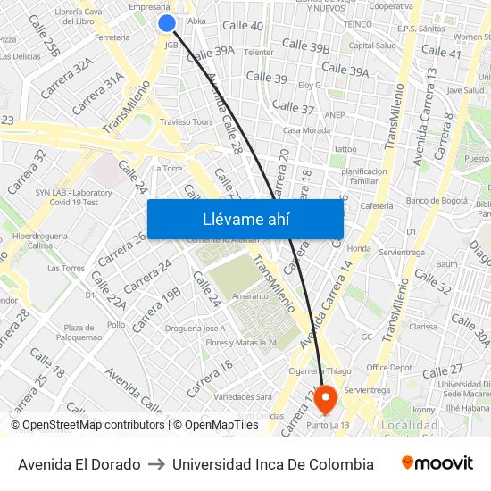 Avenida El Dorado to Universidad Inca De Colombia map