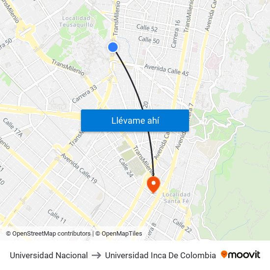 Universidad Nacional to Universidad Inca De Colombia map